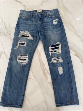 CURRENT/ELLIOTT Women Distressed Blue Denim Jeans - Classic Ripped Style